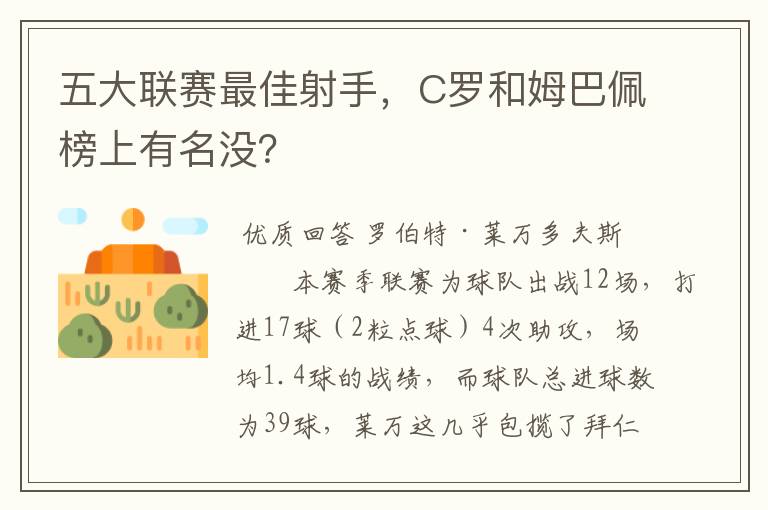 五大联赛最佳射手,C罗和姆巴佩榜上有名没?