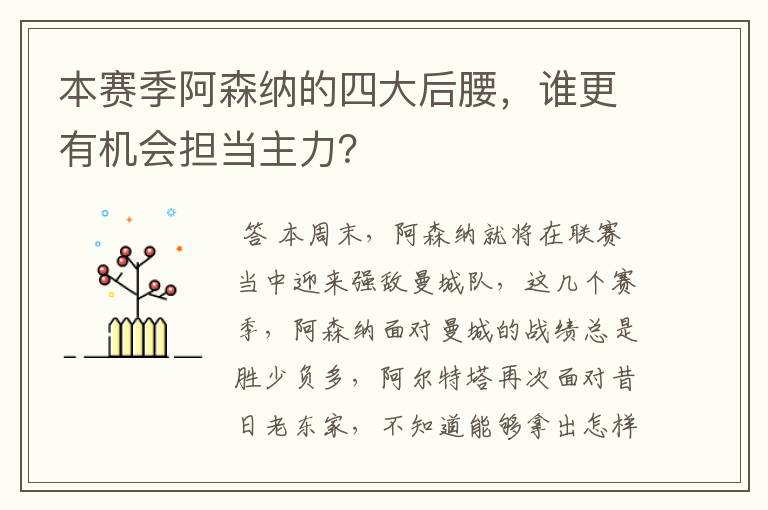 本赛季阿森纳的四大后腰,谁更有机会担当主力?