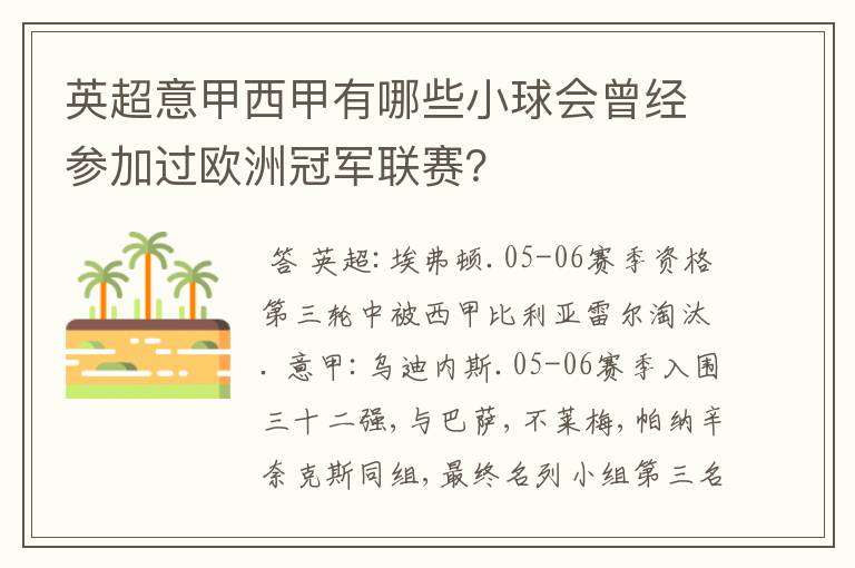 英超意甲西甲有哪些小球会曾经参加过欧洲冠军联赛?