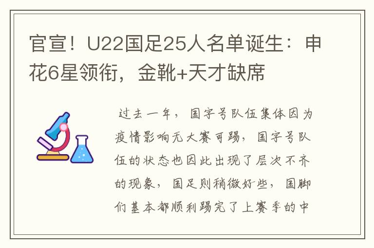 官宣!U22国足25人名单诞生:申花6星领衔,金靴+天才缺席