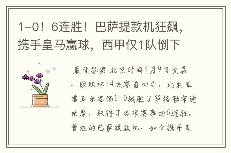 1-0!6连胜!巴萨提款机狂飙,携手皇马赢球,西甲仅1队倒下