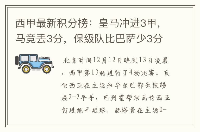 西甲最新积分榜:皇马冲进3甲,马竞丢3分,保级队比巴萨少3分