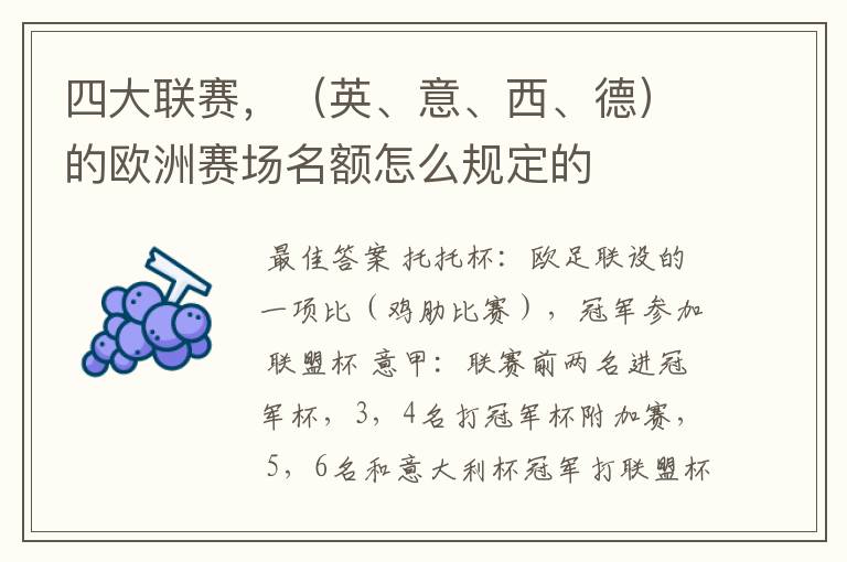 四大联赛,(英、意、西、德)的欧洲赛场名额怎么规定的