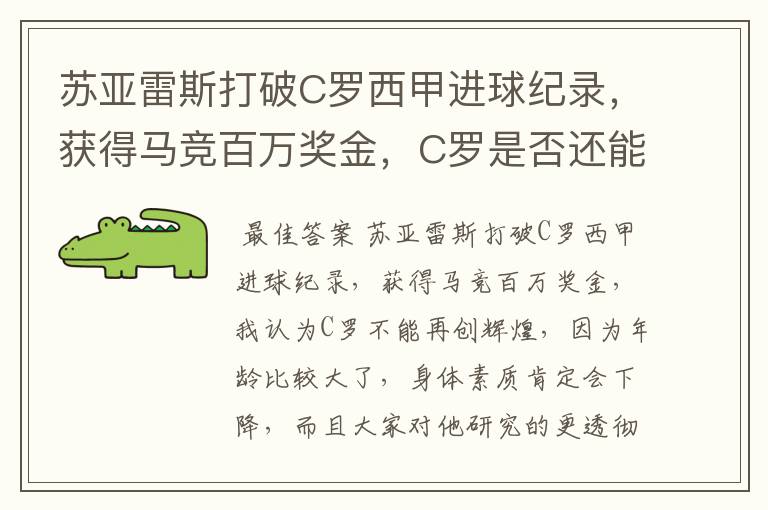 苏亚雷斯打破C罗西甲进球纪录,获得马竞百万奖金,C罗是否还能再创辉煌?