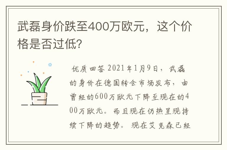武磊身价跌至400万欧元,这个价格是否过低?