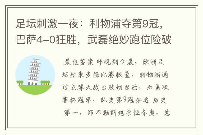 足坛刺激一夜:利物浦夺第9冠,巴萨4-0狂胜,武磊绝妙跑位险破门