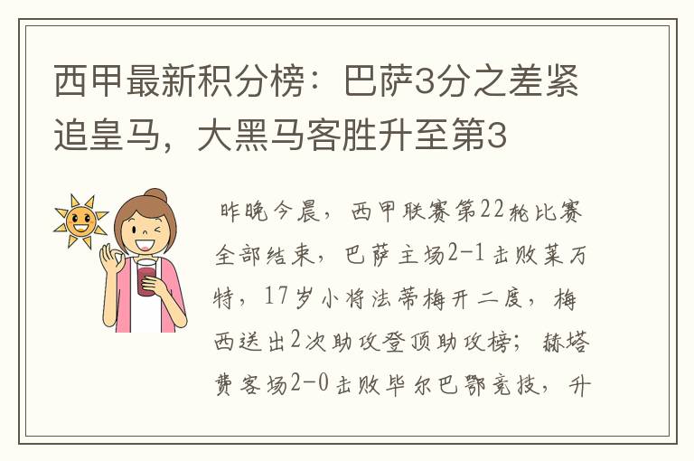西甲最新积分榜:巴萨3分之差紧追皇马,大黑马客胜升至第3