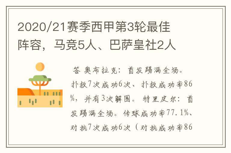 2020/21赛季西甲第3轮最佳阵容,马竞5人、巴萨皇社2人