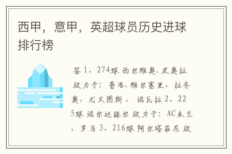 西甲,意甲,英超球员历史进球排行榜