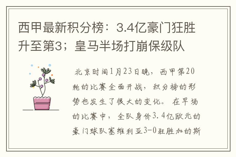 西甲最新积分榜:3.4亿豪门狂胜升至第3;皇马半场打崩保级队
