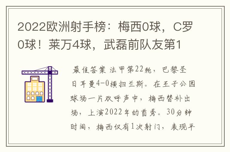 2022欧洲射手榜:梅西0球,C罗0球!莱万4球,武磊前队友第1