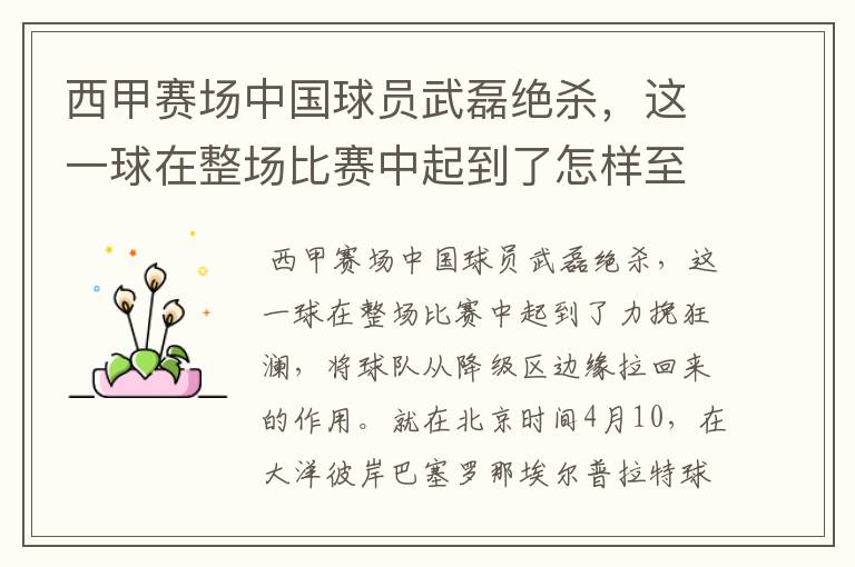 西甲赛场中国球员武磊绝杀,这一球在整场比赛中起到了怎样至关作用?
