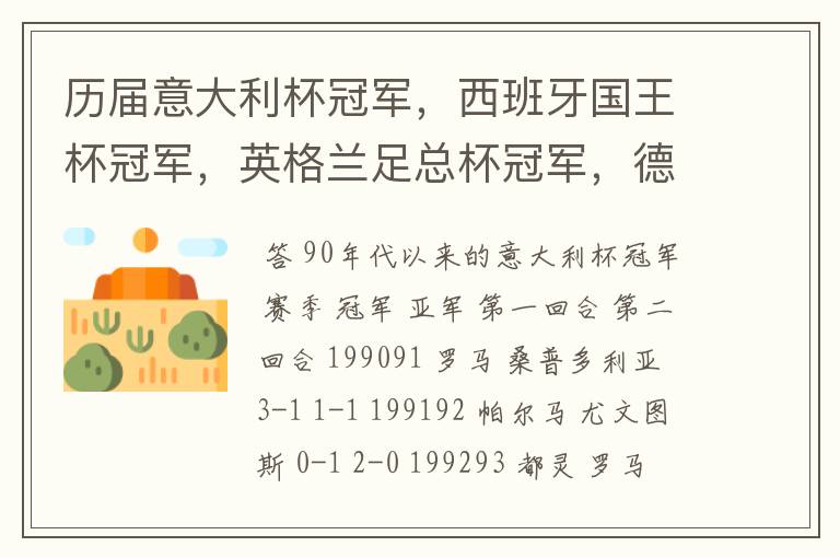 历届意大利杯冠军,西班牙国王杯冠军,英格兰足总杯冠军,德国杯冠军