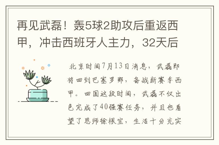 再见武磊!轰5球2助攻后重返西甲,冲击西班牙人主力,32天后首秀