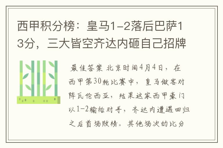 西甲积分榜:皇马1-2落后巴萨13分,三大皆空齐达内砸自己招牌?