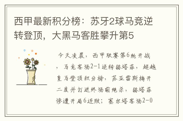 西甲最新积分榜:苏牙2球马竞逆转登顶,大黑马客胜攀升第5