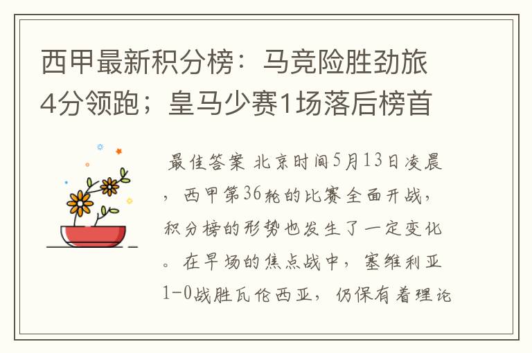 西甲最新积分榜:马竞险胜劲旅4分领跑;皇马少赛1场落后榜首5分
