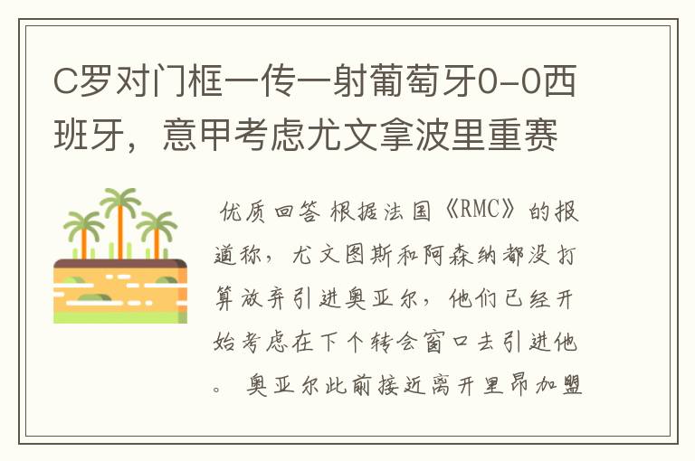 C罗对门框一传一射葡萄牙0-0西班牙，意甲考虑尤文拿波里重赛