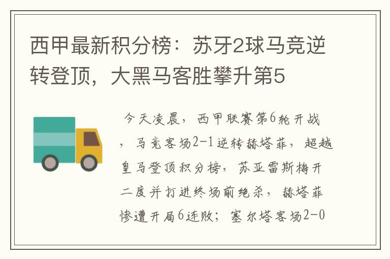 西甲最新积分榜:苏牙2球马竞逆转登顶,大黑马客胜攀升第5