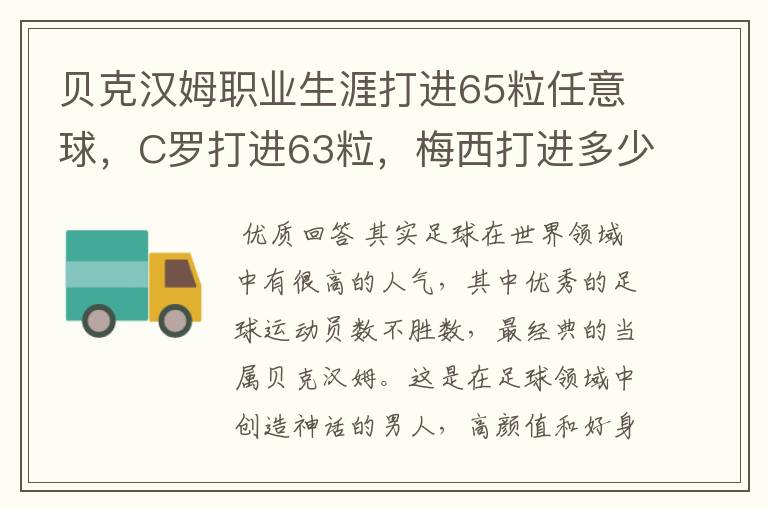贝克汉姆职业生涯打进65粒任意球,C罗打进63粒,梅西打进多少?