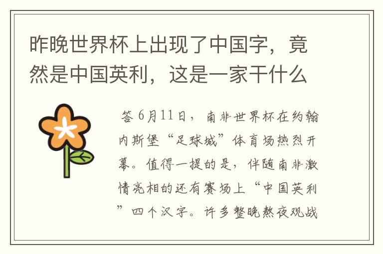 昨晚世界杯上出现了中国字,竟然是中国英利,这是一家干什么的公司啊?