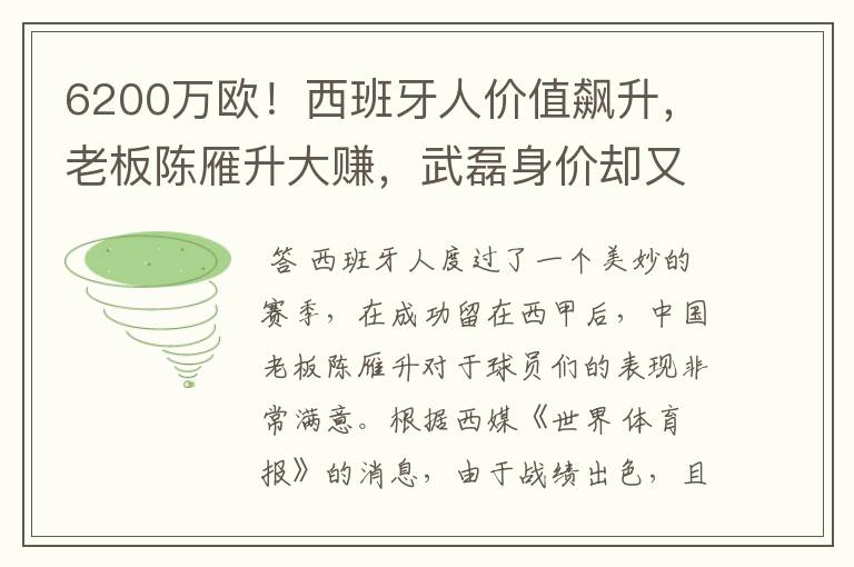 6200万欧!西班牙人价值飙升,老板陈雁升大赚,武磊身价却又缩水