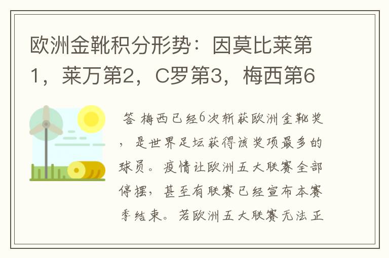 欧洲金靴积分形势：因莫比莱第1，莱万第2，C罗第3，梅西第6