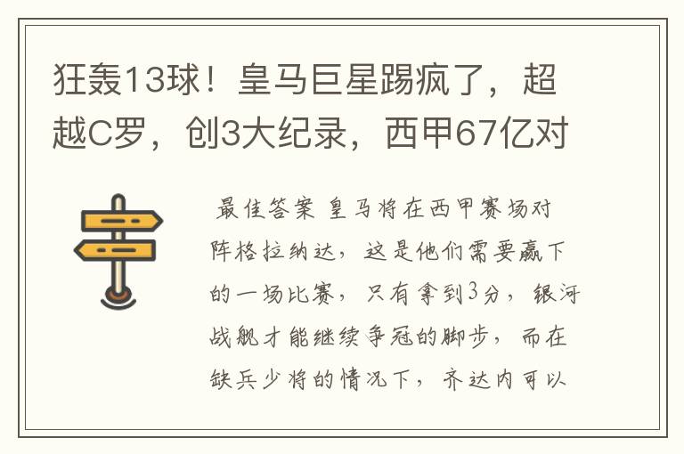 狂轰13球!皇马巨星踢疯了,超越C罗,创3大纪录,西甲67亿对决