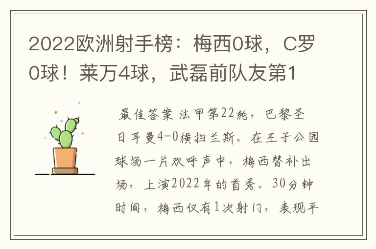 2022欧洲射手榜:梅西0球,C罗0球!莱万4球,武磊前队友第1