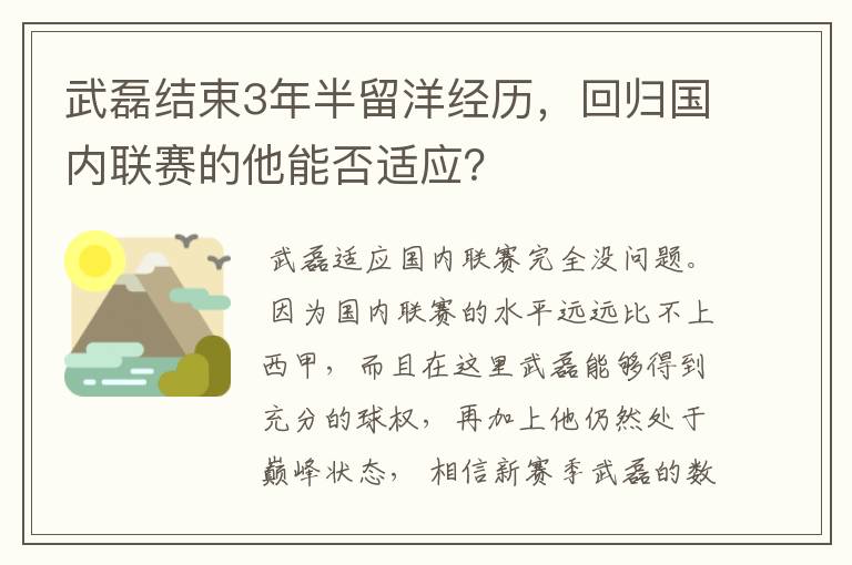 武磊结束3年半留洋经历,回归国内联赛的他能否适应?