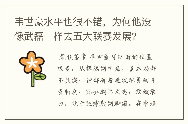 韦世豪水平也很不错,为何他没像武磊一样去五大联赛发展?