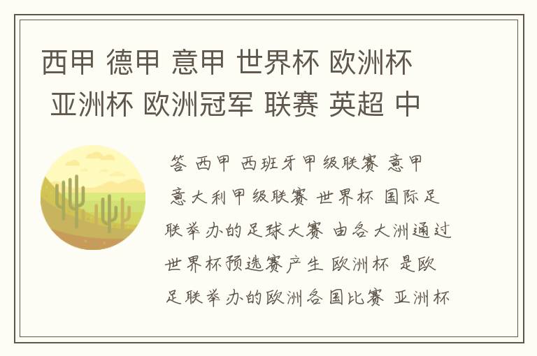 西甲 德甲 意甲 世界杯 欧洲杯 亚洲杯 欧洲冠军 联赛 英超 中超 分别是什么意思啊?