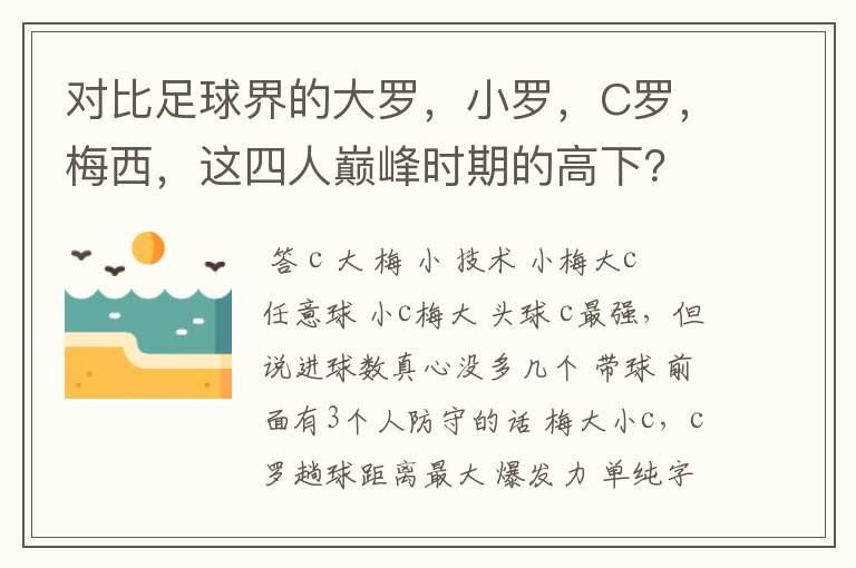 对比足球界的大罗,小罗,C罗,梅西,这四人巅峰时期的高下?!