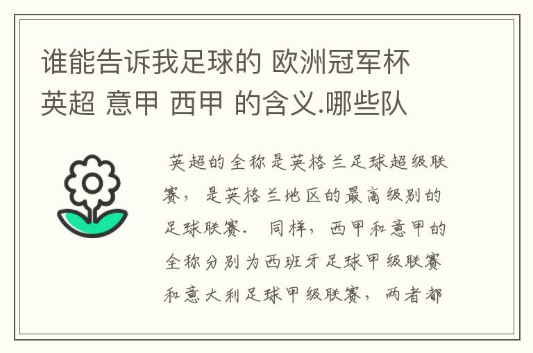 谁能告诉我足球的 欧洲冠军杯 英超 意甲 西甲 的含义.哪些队 怎么进行比赛的.