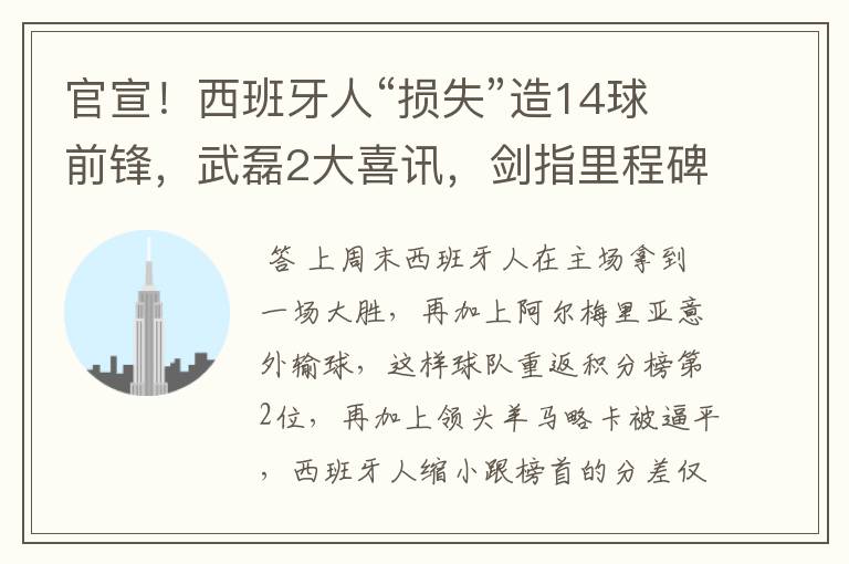 官宣!西班牙人“损失”造14球前锋,武磊2大喜讯,剑指里程碑