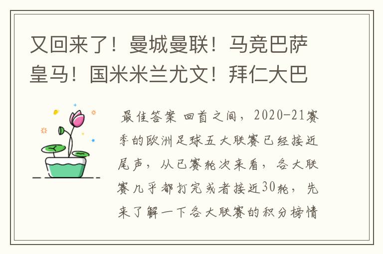 又回来了!曼城曼联!马竞巴萨皇马!国米米兰尤文!拜仁大巴黎