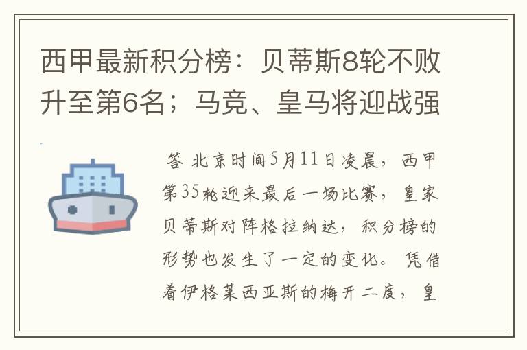 西甲最新积分榜:贝蒂斯8轮不败升至第6名;马竞、皇马将迎战强敌