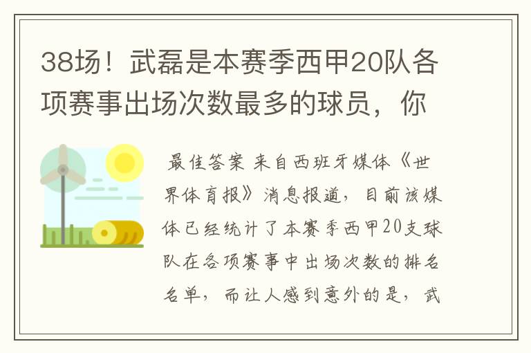 38场！武磊是本赛季西甲20队各项赛事出场次数最多的球员，你怎么看？