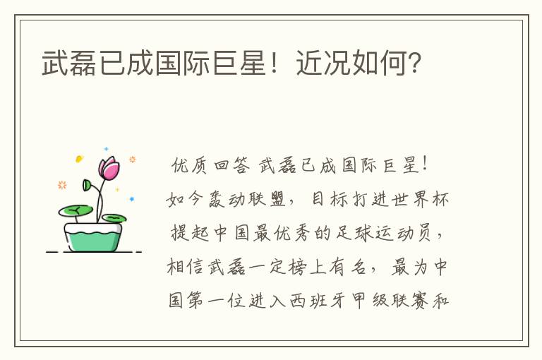 武磊已成国际巨星!近况如何?