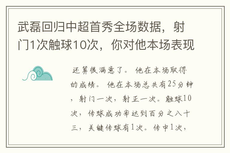 武磊回归中超首秀全场数据,射门1次触球10次,你对他本场表现是否满意?