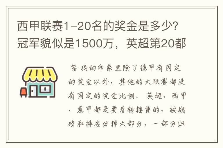西甲联赛1-20名的奖金是多少?冠军貌似是1500万,英超第20都是4000万呀!