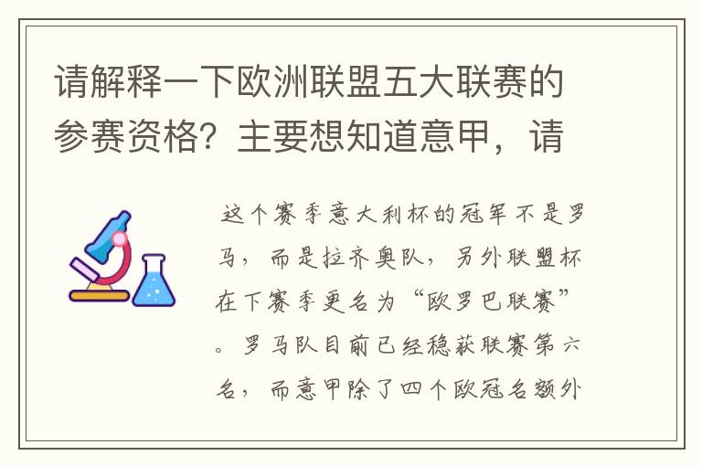 请解释一下欧洲联盟五大联赛的参赛资格?主要想知道意甲,请看问题补说明。