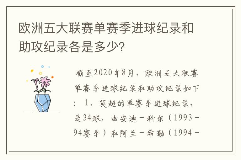 欧洲五大联赛单赛季进球纪录和助攻纪录各是多少?