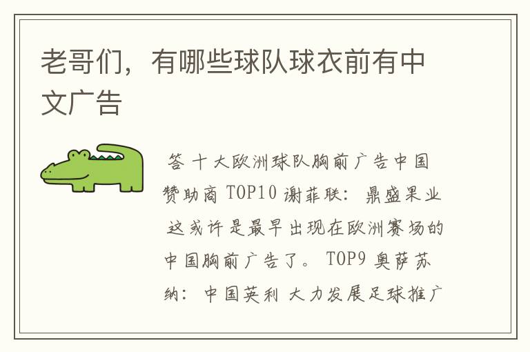老哥们,有哪些球队球衣前有中文广告