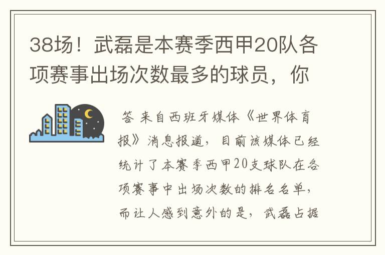 38场!武磊是本赛季西甲20队各项赛事出场次数最多的球员,你怎么看?
