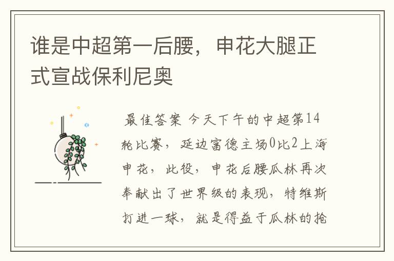 谁是中超第一后腰,申花大腿正式宣战保利尼奥