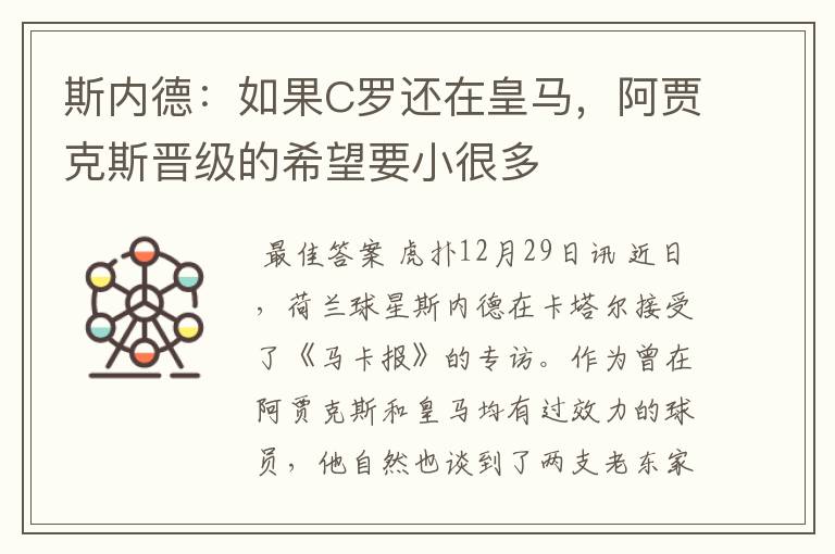 斯内德:如果C罗还在皇马,阿贾克斯晋级的希望要小很多