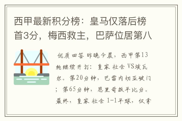 西甲最新积分榜:皇马仅落后榜首3分,梅西救主,巴萨位居第八
