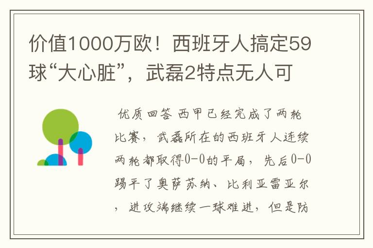 价值1000万欧!西班牙人搞定59球“大心脏”,武磊2特点无人可替