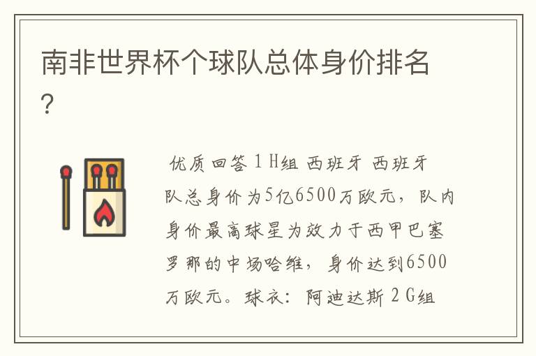 南非世界杯个球队总体身价排名?